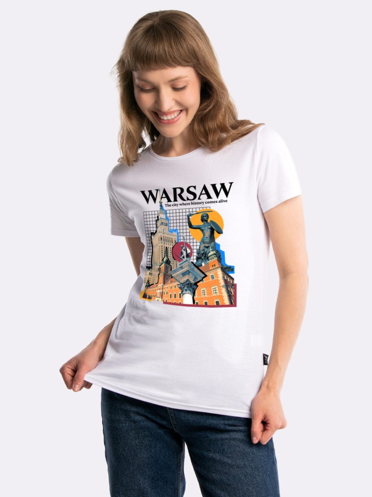 WARSAW – THE CITY WHERE HISTORY COMES ALIVE / koszulka damska / biała