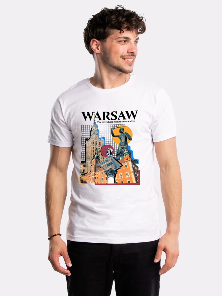 WARSAW – THE CITY WHERE HISTORY COMES ALIVE / koszulka męska / biała