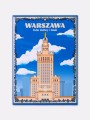 Magnes z ilustracją Pałacu Kultury i Nauki w Warszawie na tle błękitnego nieba.