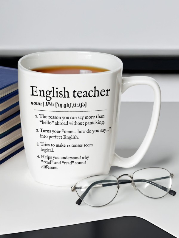 Kubek z herbatą i napisem „English teacher” z zabawną definicją, ustawiony na biurku obok okularów i stosu książek.