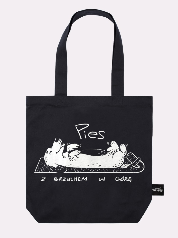 PIES Z BRZUCHEM W GÓRĘ / torba bawełniana / czarna
