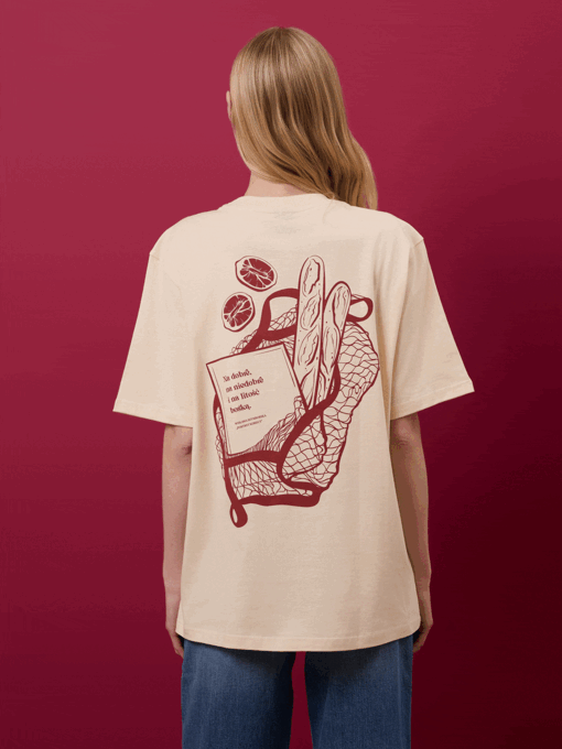 NA DOBRE, NA NIEDOBRE I NA LITOŚĆ BOSKĄ / Wisława Szymborska / koszulka oversize unisex / beżowa z grafiką 