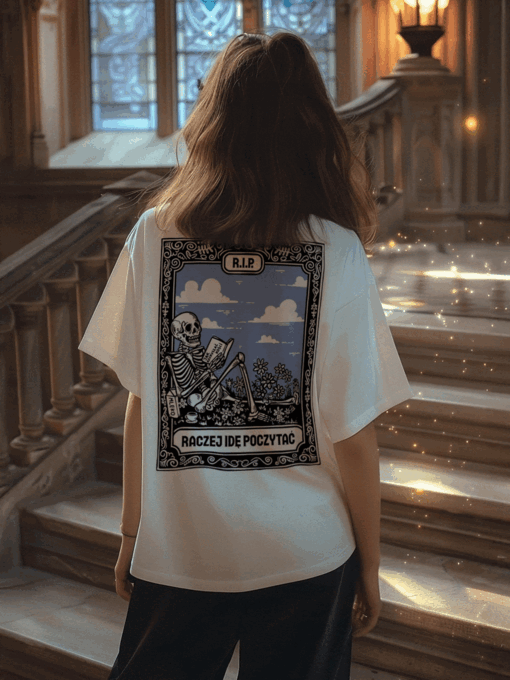 R.I.P. – RACZEJ IDĘ POCZYTAĆ / koszulka oversize unisex / złamana biel