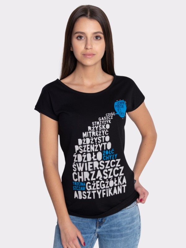 Koszulka-LEARN-POLISH-ITS-EASY-dżdżysto-chrząszcz-mitrężyć-czarna-NadwyrazCom
