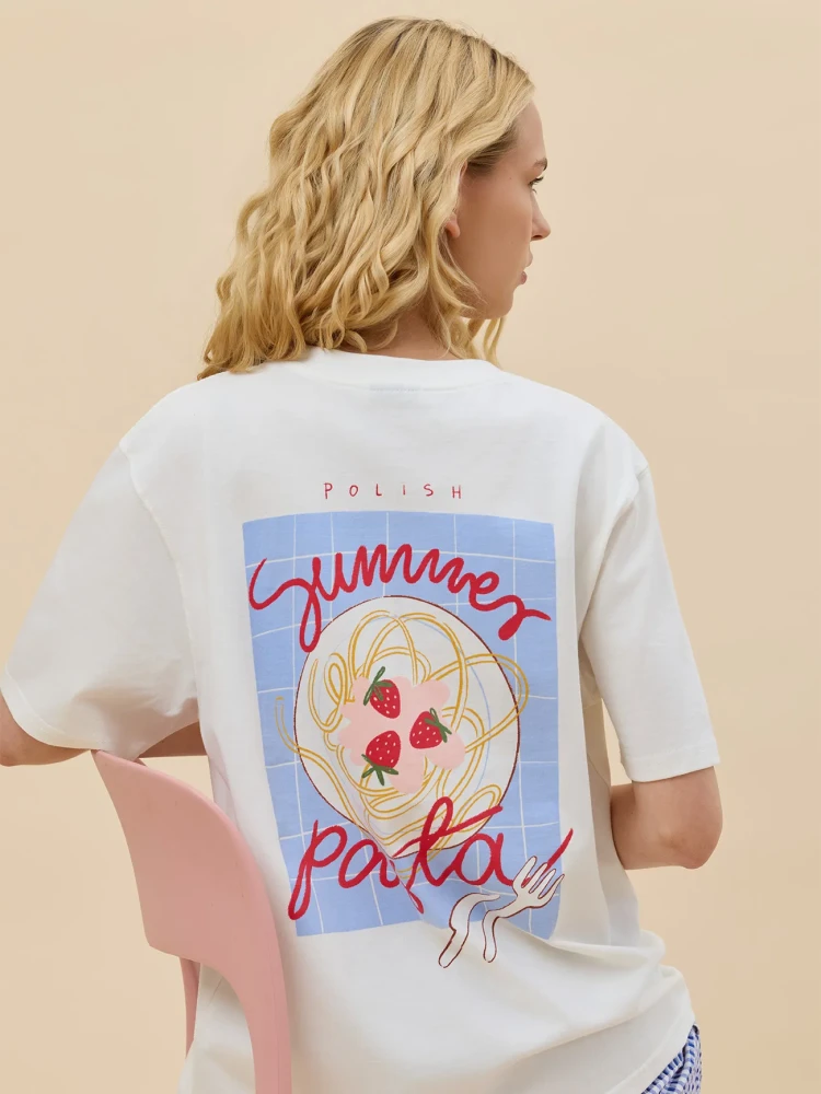  POLISH SUMMER PASTA - MAKARON Z TRUSKAWKAMI / koszulka oversize unisex / niebieski nadruk