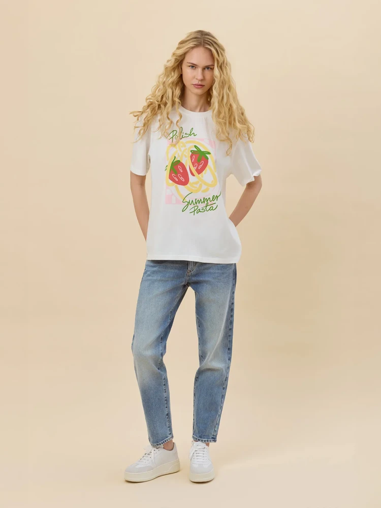 POLISH SUMMER PASTA - MAKARON Z TRUSKAWKAMI / koszulka oversize unisex / różowo-zielony nadruk