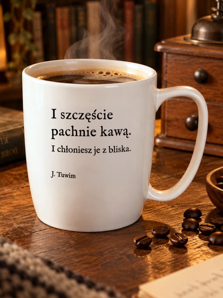 I SZCZĘŚCIE PACHNIE KAWĄ / kubek biały z uchem