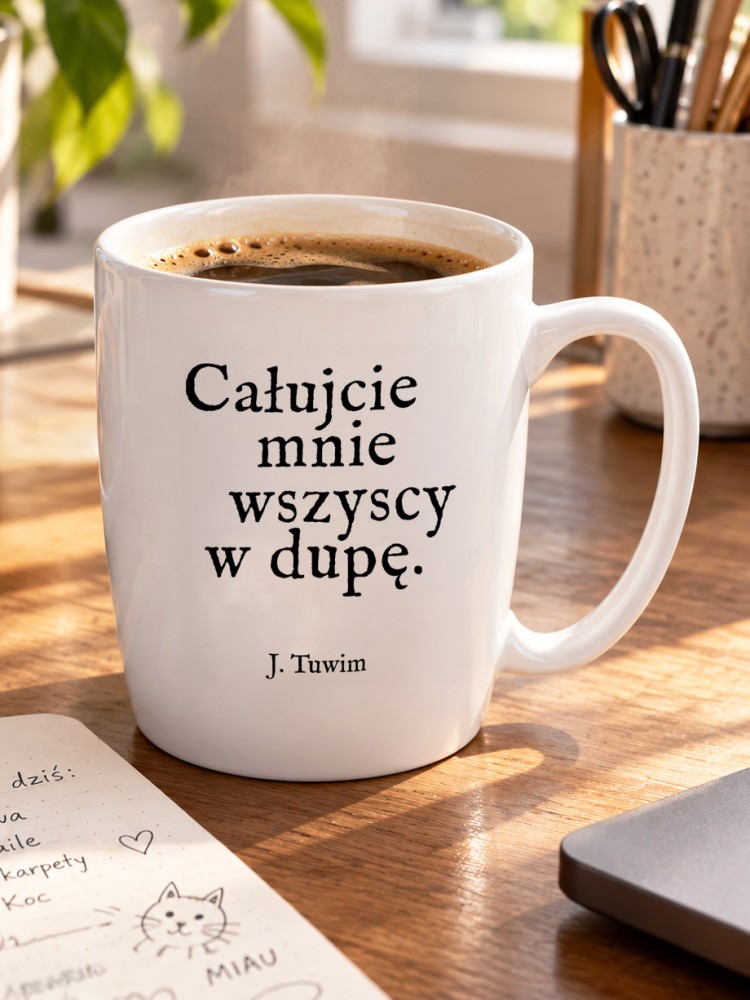 CAŁUJCIE MNIE WSZYSCY W DUPĘ / kubek biały z uchem