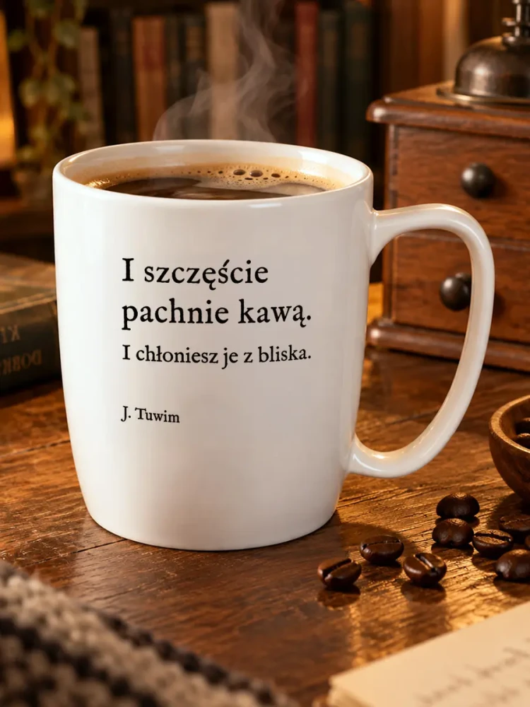 I SZCZĘŚCIE PACHNIE KAWĄ / kubek biały z uchem