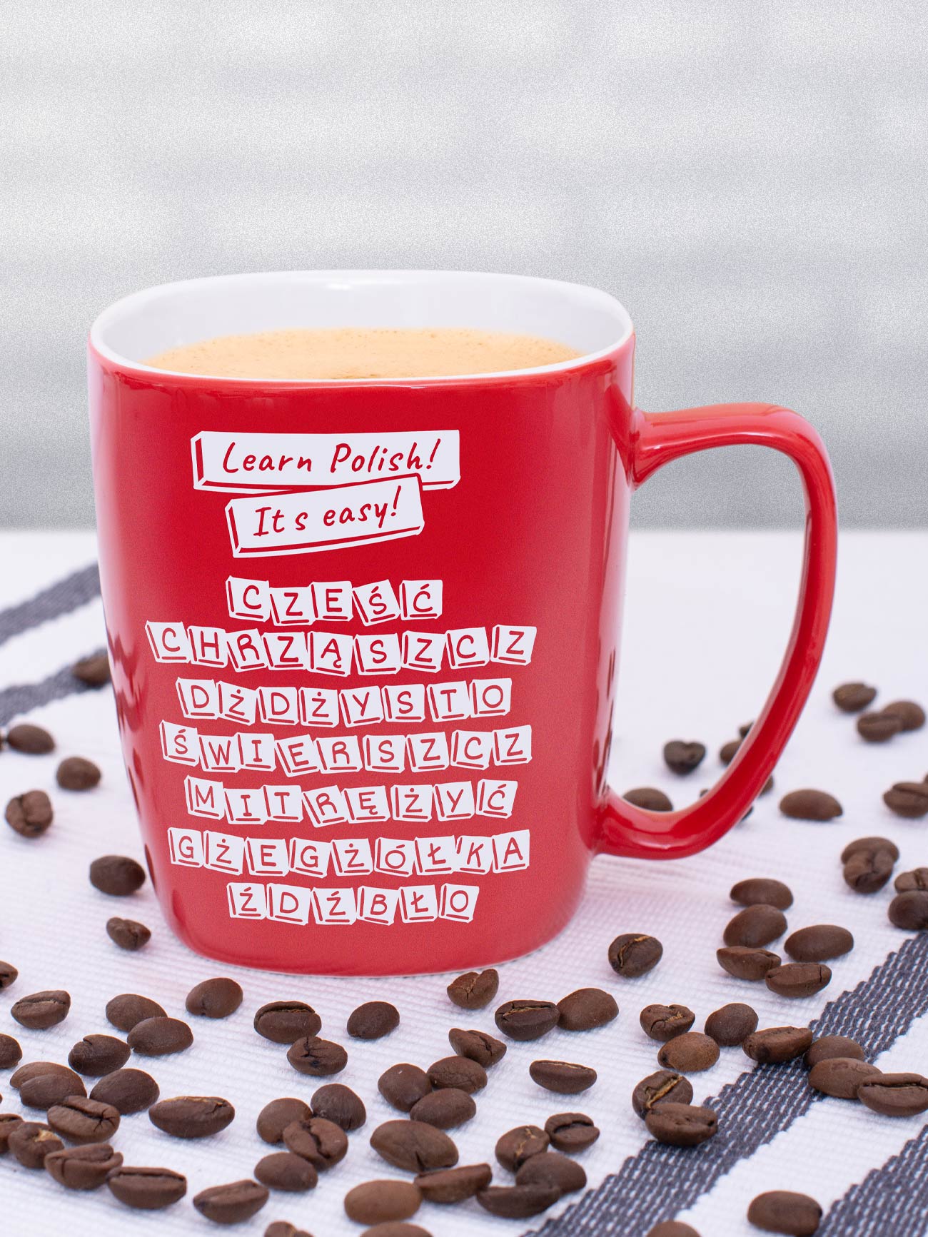 LEARN POLISH! IT'S EASY! / kubek czerwony z uchem prezent dla polonistki pamiątka z Polski