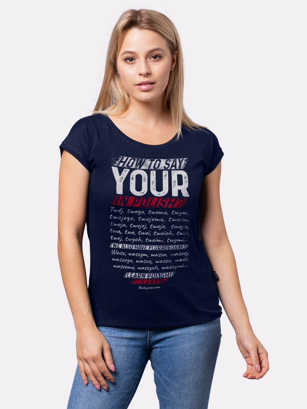 HOW TO SAY YOUR IN POLISH? / koszulka damska / granatowa prezent nauka polskiego dla obcokrajowca