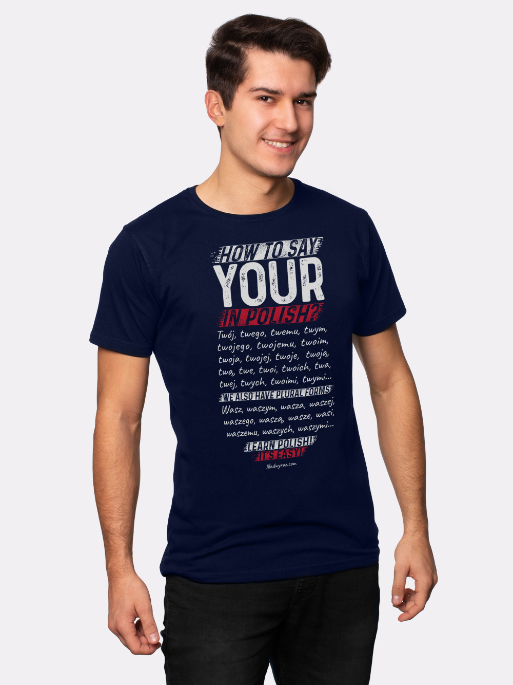 HOW TO SAY YOUR IN POLISH? / koszulka męska / granatowa prezent nauka polskiego dla obcokrajowca
